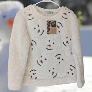 New Chance or Fate Women's White Fleece Pullover Sweatshirt with Snowman Faces